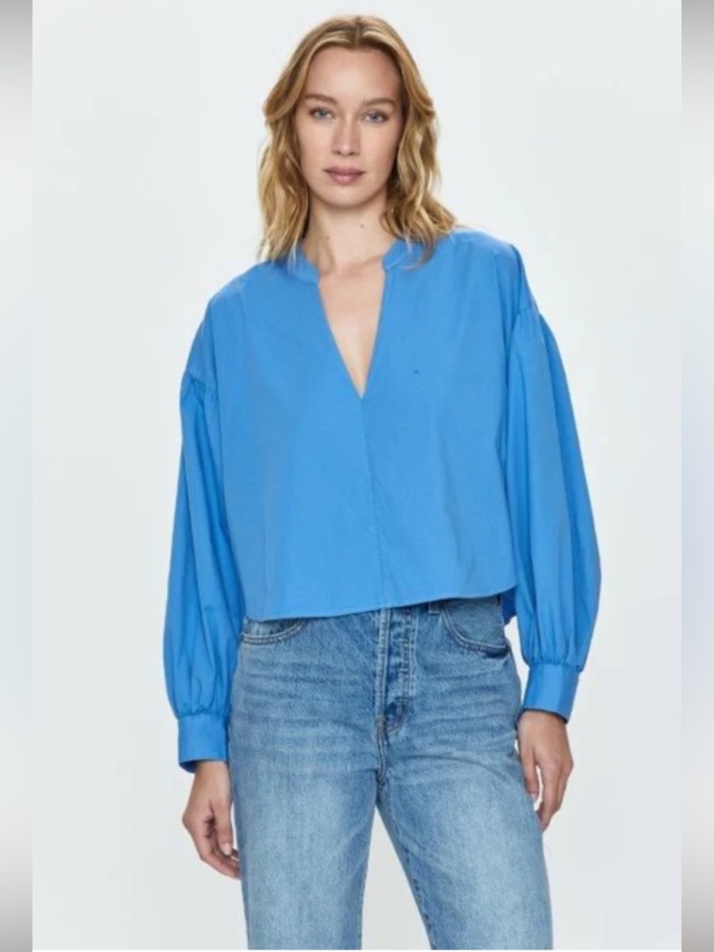 Pistola Lou Top Puff Sleeves V-neck stretch cotton poplin cropped Blue Belle S